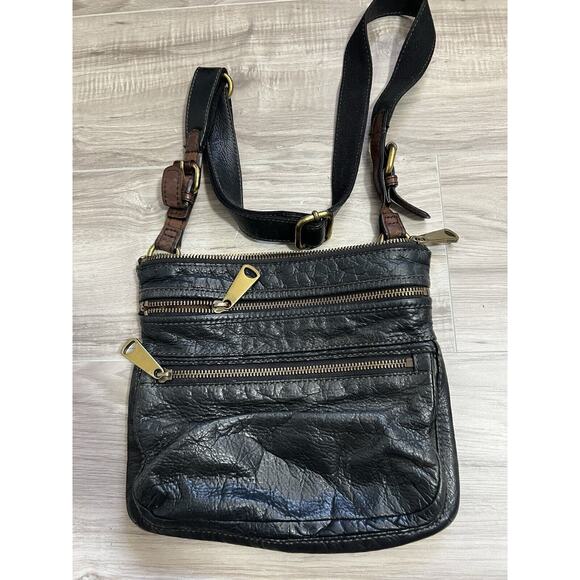 Vintage FOSSIL Genuine Leather Crossbody Handbag Black Brown 11x9 - Picture 3 of 8